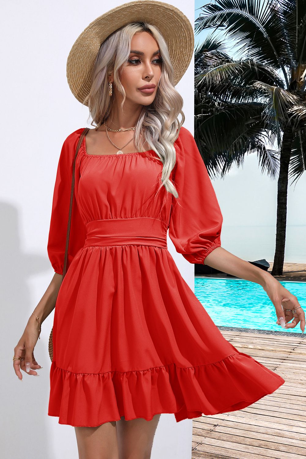 Square Neck Tie Back Ruffle Hem Dress